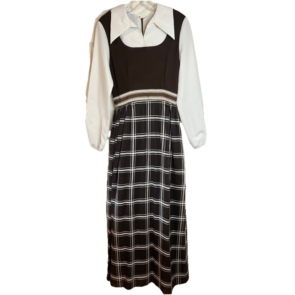 Melissa Lane vintage‎ 70s Brown White Maxi Milkmaid Dress Dagger Collar Size 12